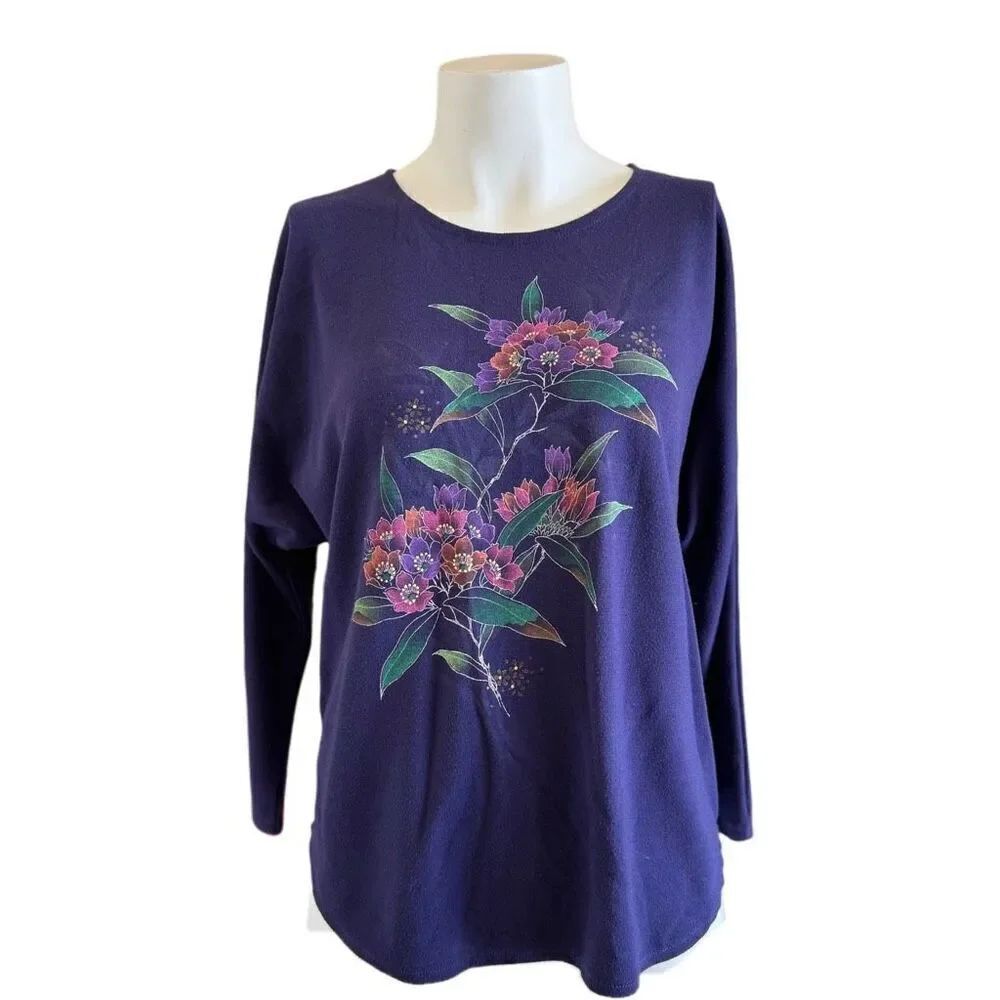 Mode Ahi deep purple pullover shirt women's short sleeve floral motif 90s Japane